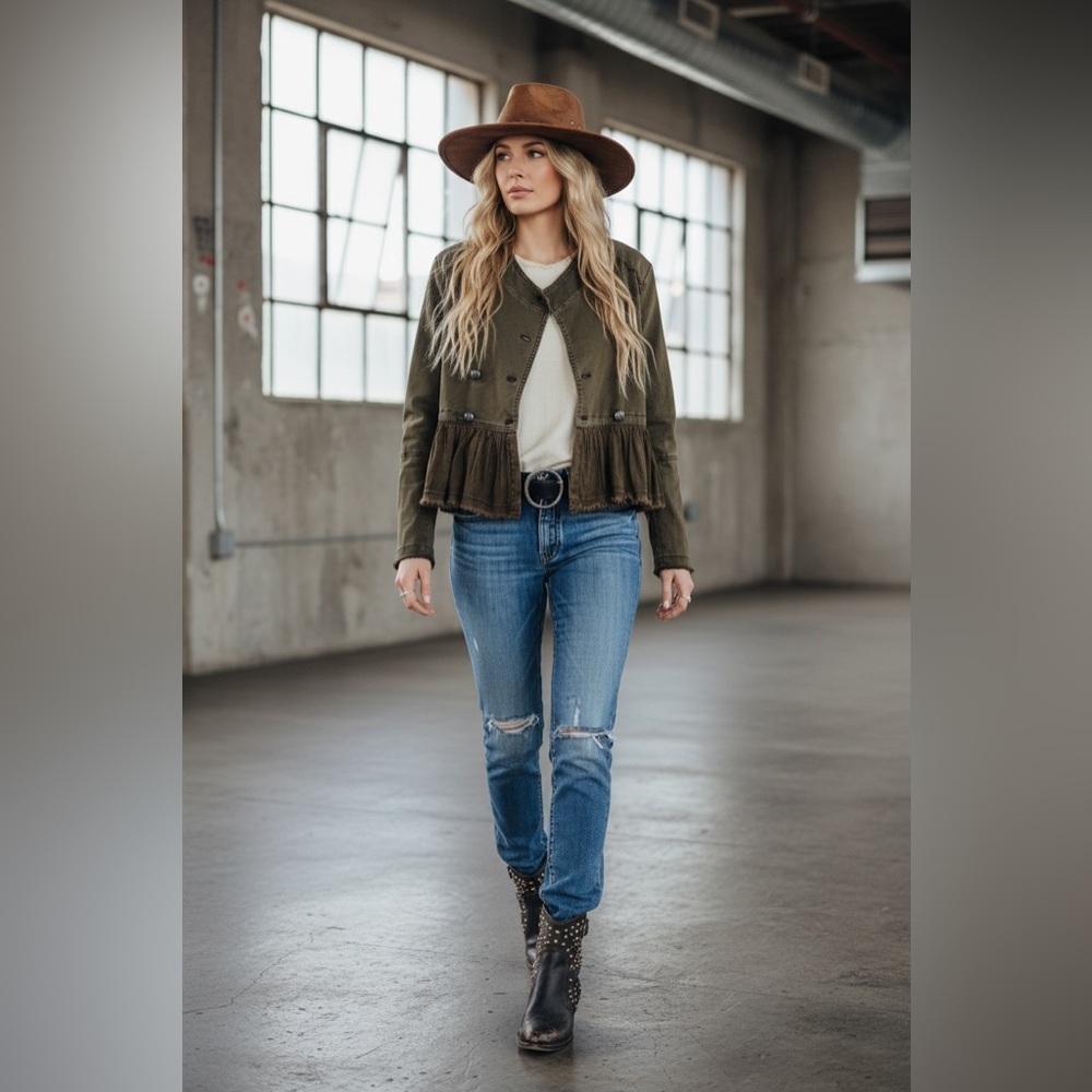 New Free People Flared Ruffle Hem Military Button Jacket Olive Army Green - Picture 10 of 13